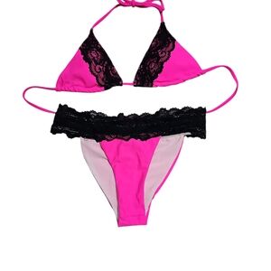 Pink and Black Lace Trim Bikini Set